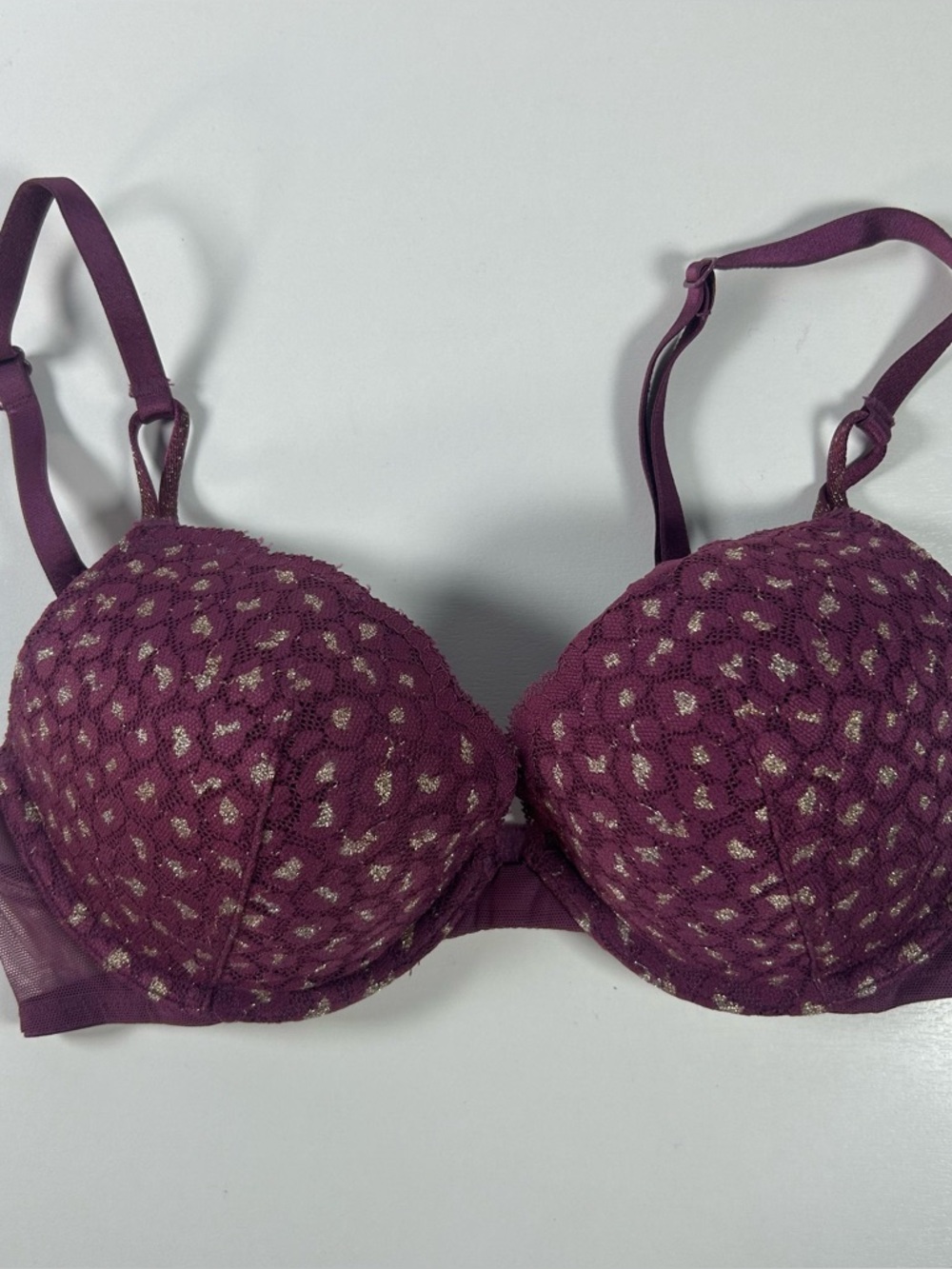 Victorias Secret Push Up Bra 32C Purple Lace Print Underwired Padded Lingerie